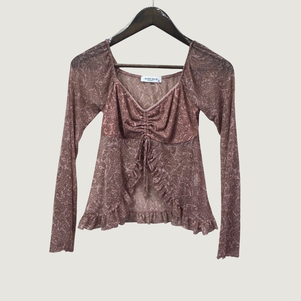 Good Days Project Mesh Top Medium Pink Paisley Y2K Fairycore Ruched Ruffle Hem